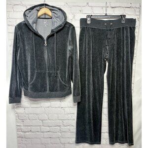 New York Company Y2K Style 2pc Dark Gray Velour Track Suit Sz L